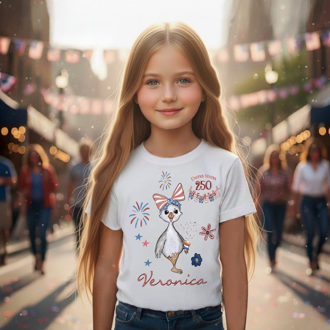 Camiseta Bobo de Celebração de Ganso da 250ª Menina Patriót (Patriotic Girl's US 250th Celebration Silly Goose T-Shirt 1)