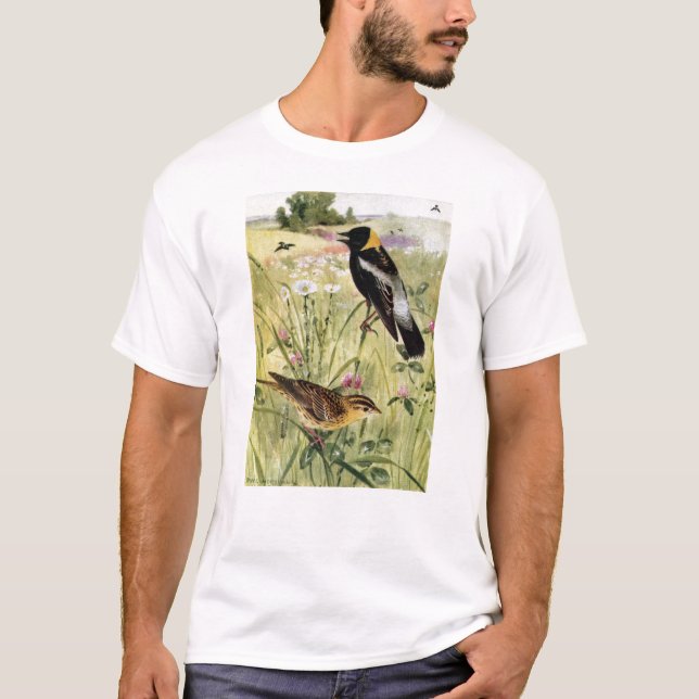 Camiseta Bobolinks, margaridas e trevo cor-de-rosa (Frente)