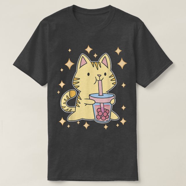 Camiseta Boca-branca Gatinho de chá Kawaii Boba Tea Cat Jap (Frente do Design)