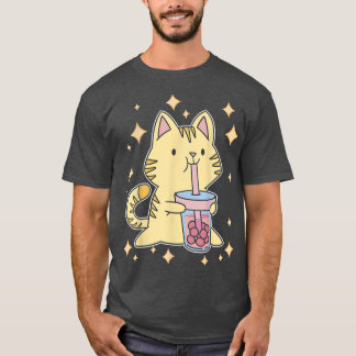 Camiseta Boca-branca Gatinho de chá Kawaii Boba Tea Cat Jap