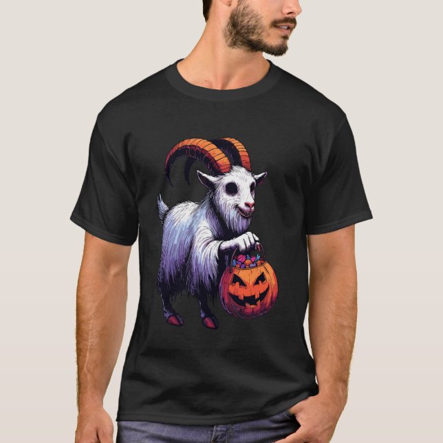 Camiseta Bode Assustador de Halloween Fantasma Saco de Doce (Frente)