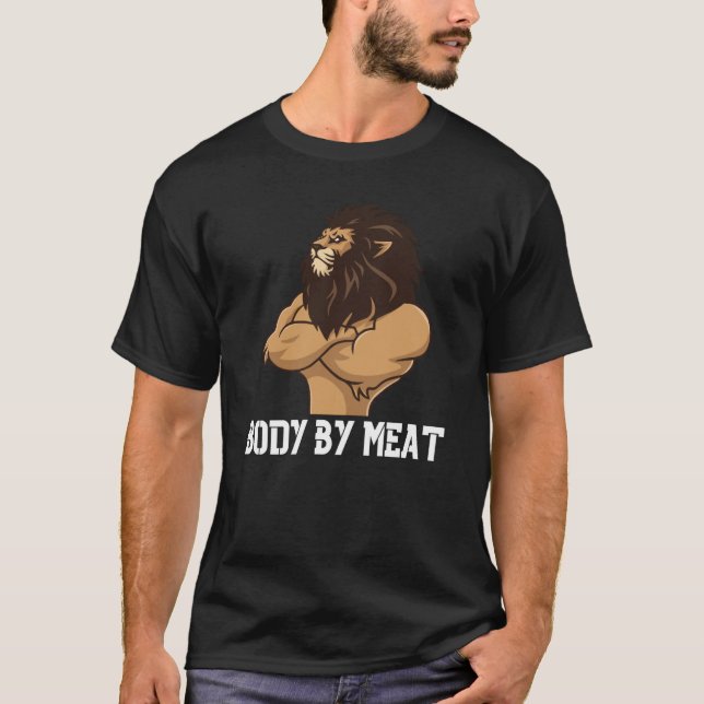 CAMISETA BODY BY MEAT CARNIVORE LION WORKOUT FITNESS GYM BO (Frente)