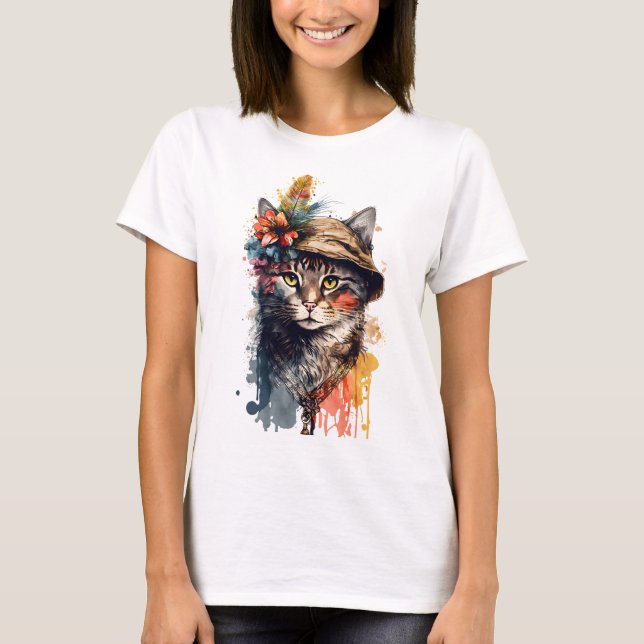 CAMISETA BOHO ABSTRATO WATERCOLOR CAT COM FLORES (Frente)