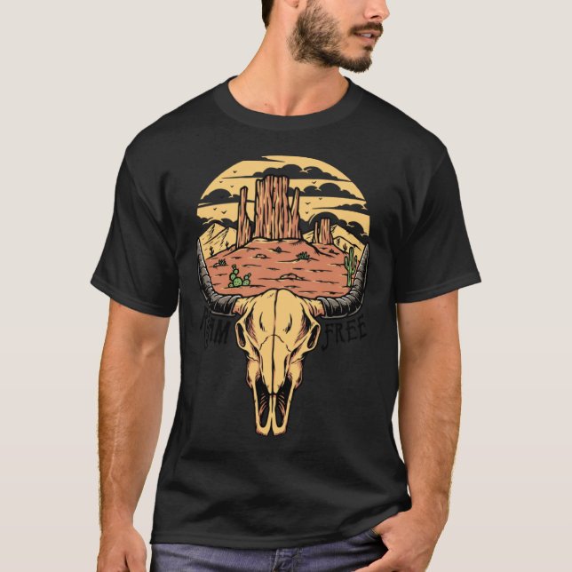 Camiseta Boho Bull Skull Desert Sunset Roam Free Western Co (Frente)