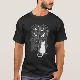 Camiseta Boho Cat Na Janela Engraçado Bruxa De Halloween M