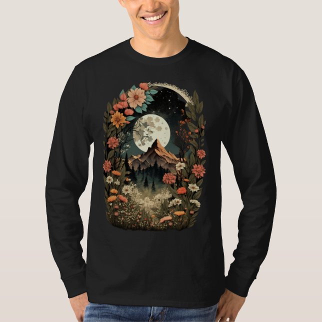 Camiseta Boho Chic Floral Moon Mountain Forest Nature Retro (Frente)