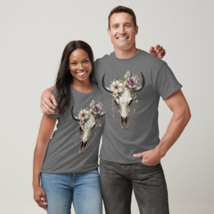 Camiseta Boho Chic Watercolor Vaca Floral Caveira Skull T S