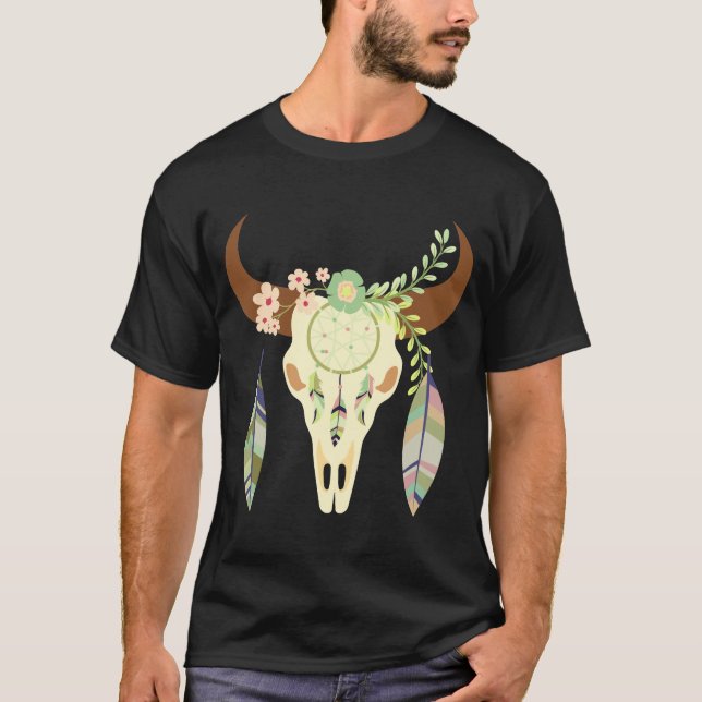 Camiseta Boho Cow Skull Dreamcatcher - (Frente)