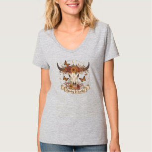Camiseta Boho Cow Skull Floral Autumn T-Shirt