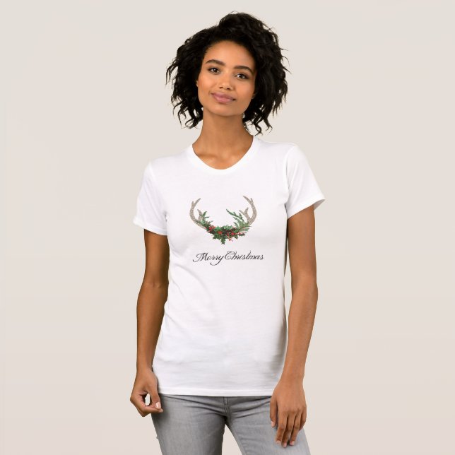 Camiseta Boho Deer Antlers | Floral Russo de Natal Vermelho (Frente Completa)