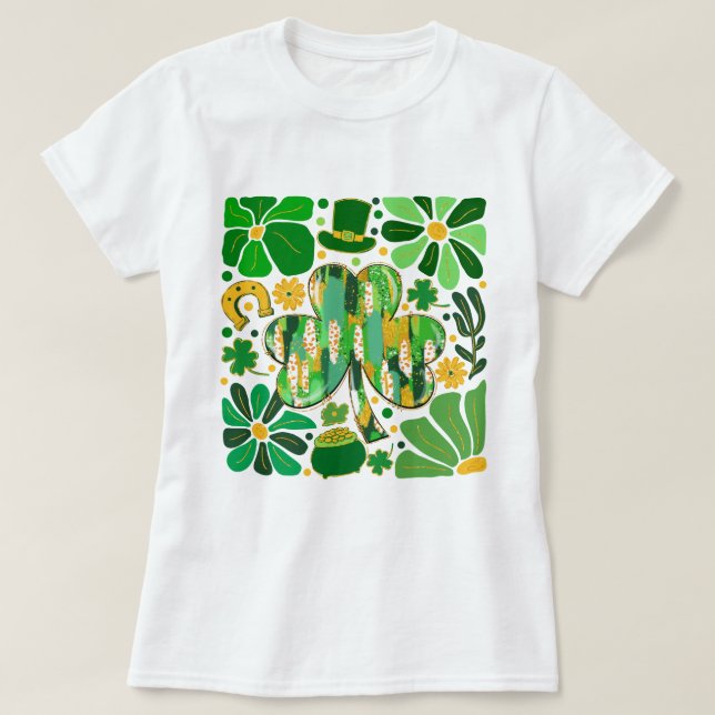 Camiseta Boho Floral Glitter Rua Patrick Day Shamrock (Frente do Design)
