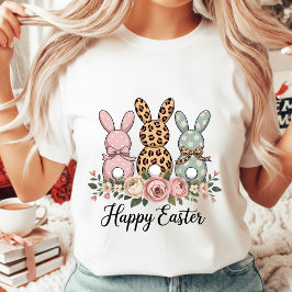 Camiseta Boho Floral Happy Easter Bunnies Leopard Polka Dot