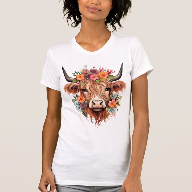 Camiseta Boho Floral Scottish Highland Cow Western Flowers (Frente)