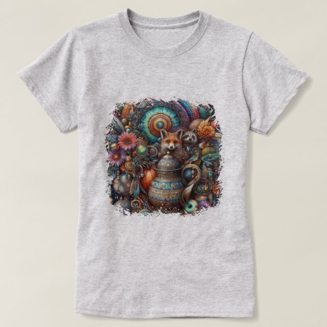 Camiseta Boho Fox Raccoon Floral Design (Frente do Design)