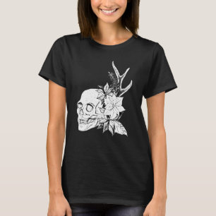 Camiseta Boho Halloween Caveira Flores Oculto Arte Sombrio