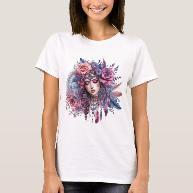 Camiseta Boho Mandala T-Shirt – Floral Feathers  (Frente)