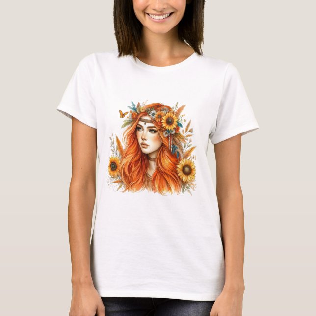 Camiseta Boho Mandala T-Shirt – Floral Feathers  (Frente)