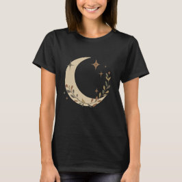 Camiseta Boho Minimalista Lua Crescente e Estrelas Botânica