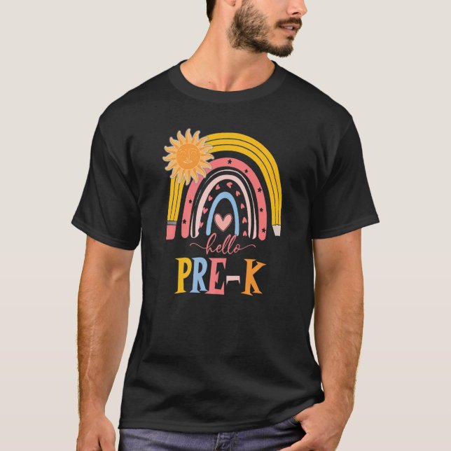 Camiseta Boho Rainbow Hello Pre K Professor Primeiro Dia De (Frente)