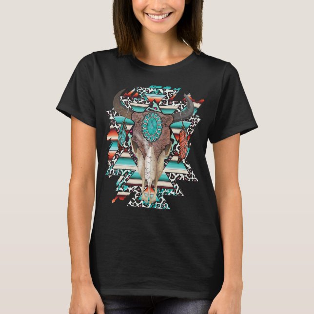 Camiseta Boho Serape Turquoise Aztec Touro De Vaca Ocidenta (Frente)