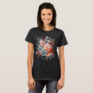 Camiseta Boho Watercolor Floral Buquê em Coral e Posto |