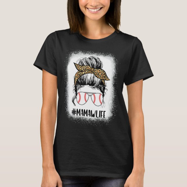 Camiseta Bola Branqueada Mamaw Life Messaging Bun Leopard I (Frente)