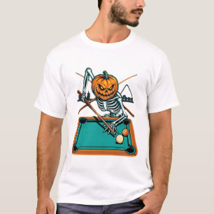Camiseta Bola de Bilhar de Halloween Abóbora Esqueleto Pisc