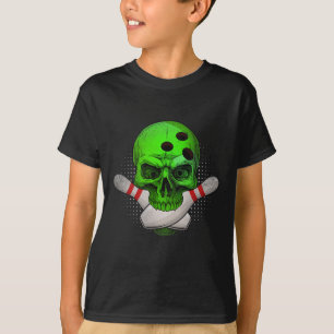 Camiseta Bola de boliche Da Cabeça Do Esqueleto E Pinos Fel