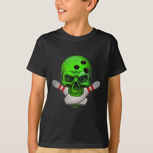 Camiseta Bola de boliche Da Cabeça Do Esqueleto E Pinos Fel (Frente)