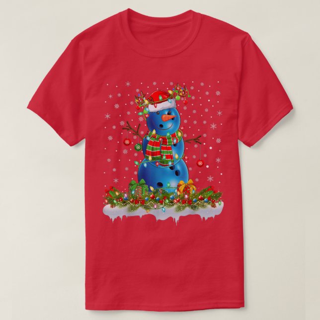 Camiseta Bola de boliche engraçada Snowman Xmas Luzes Bolic (Frente do Design)