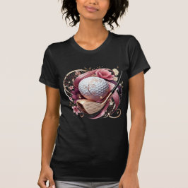 Camiseta Bola de Golfe Floral e Clube de Rosa e Dourado