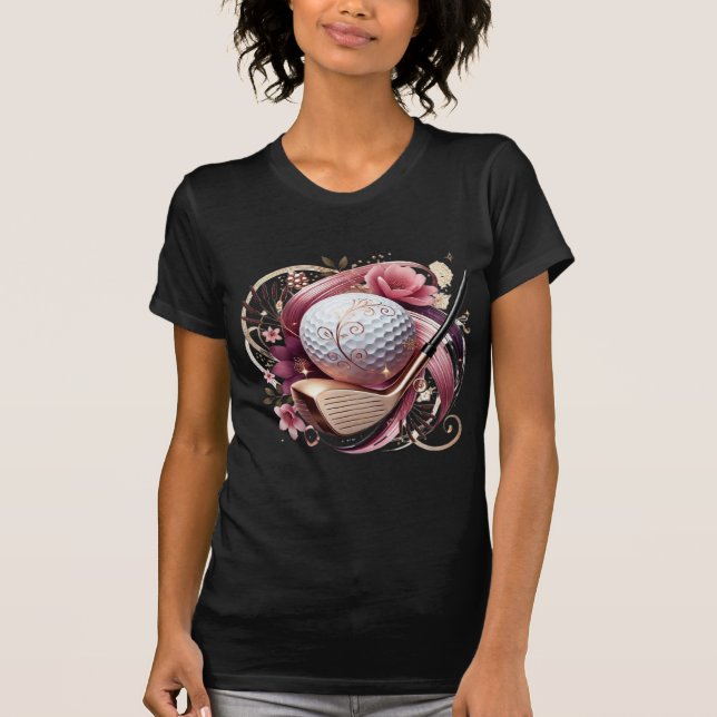 Camiseta Bola de Golfe Floral e Clube de Rosa e Dourado (Frente)