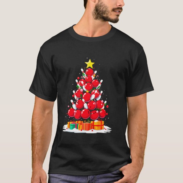 Camiseta Bolas de boliche Engraçadas Árvore de Natal Xmas B (Frente)