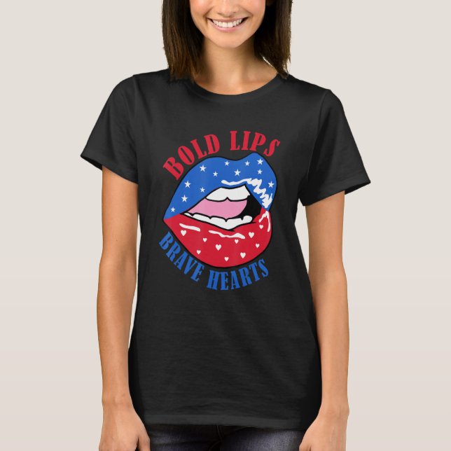 Camiseta Bold Lips Brave Heart US American Flag Patriotic L (Frente)