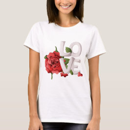 Camiseta Bold Love Typography with Romantic Red Rose Leaves