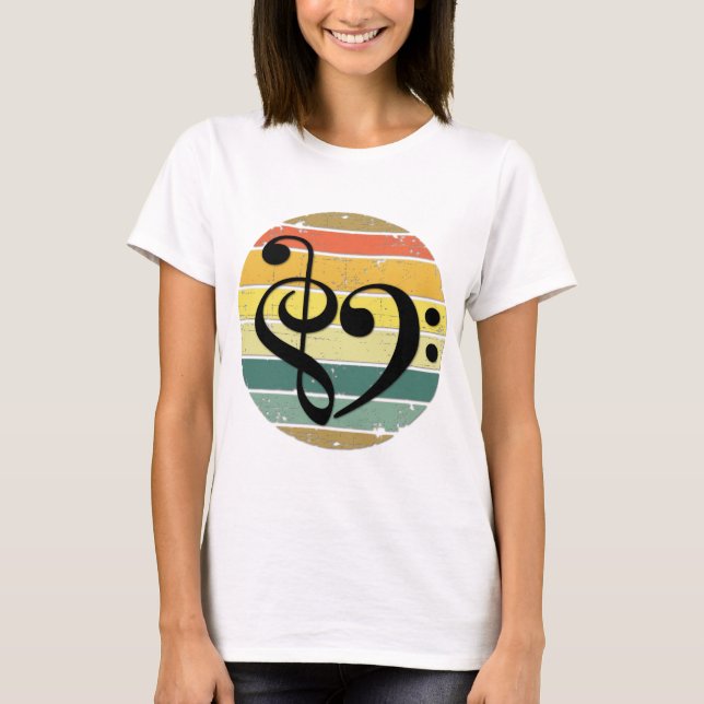 Camiseta Bold Musical Heart Over Retro Sunset Color Bands (Frente)