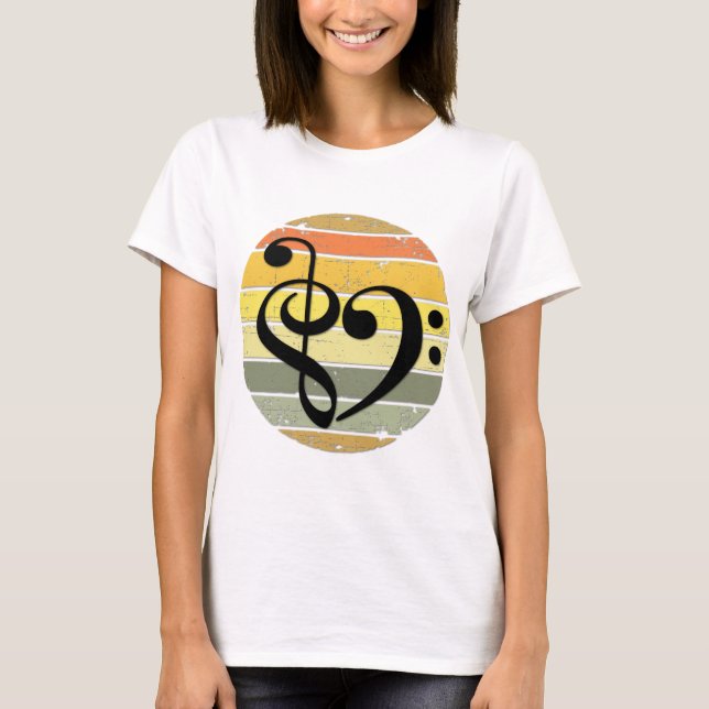 Camiseta Bold Musical Heart Over Retro Sunset Color Bands (Frente)