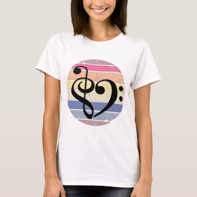 Camiseta Bold Musical Heart Over Retro Sunset Color Bands (Frente)
