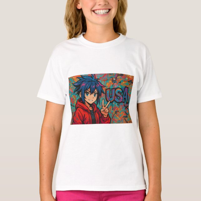 Camiseta Bold Red Anime USA Graphic T-Shirt (Frente)