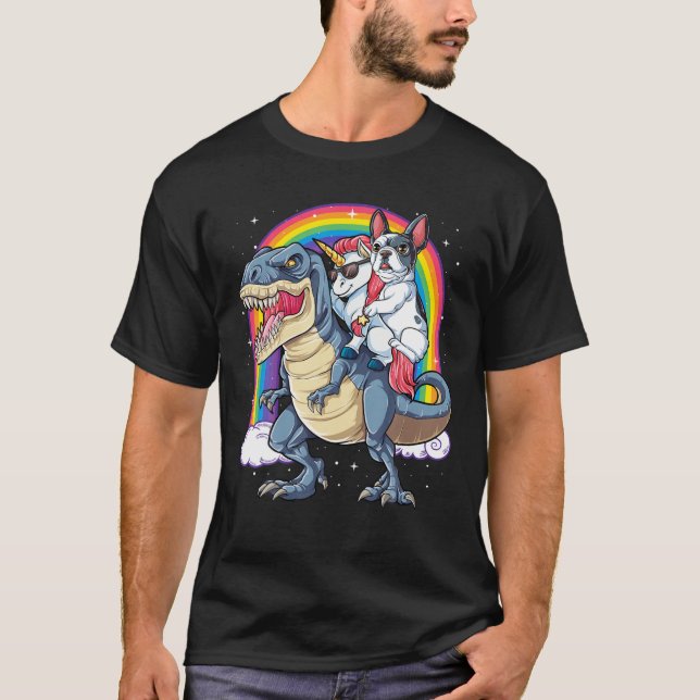 Camiseta Boletim Francês Unicórnio Andando Dinossauro T Rex (Frente)