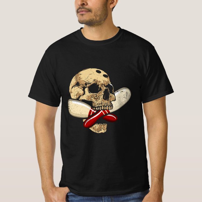 Camiseta Boliche Cruzada Pinos Retro Skelull Skeleton Head  (Frente)
