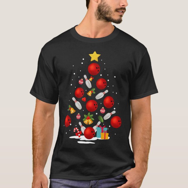 Camiseta Boliche Engraçada, Árvore De Natal Luz Xmas Oferec (Frente)