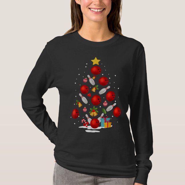 Camiseta Boliche Engraçada, Árvore De Natal Luz Xmas Oferec (Frente)