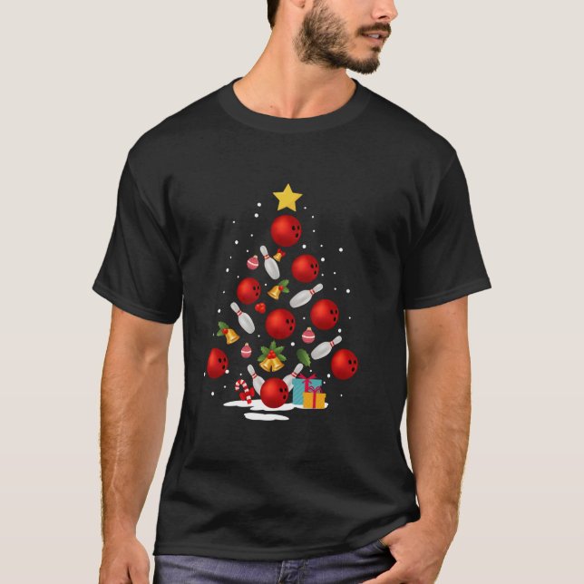 Camiseta Boliche Engraçada, Árvore De Natal Luz Xmas Oferec (Frente)