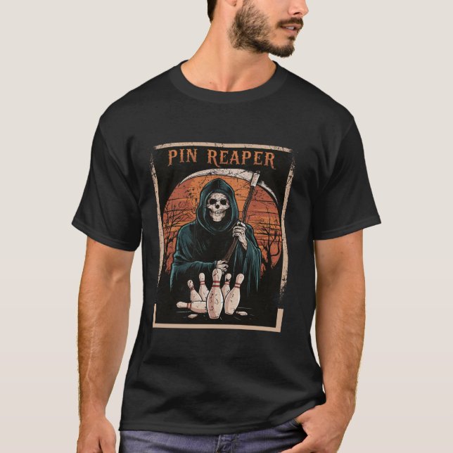 Camiseta Boliche Engraçado Grim Reaper Bowler Oferece Homen (Frente)