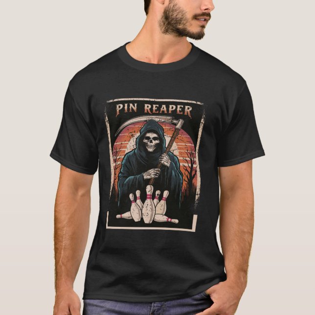 Camiseta Boliche Engraçado Grim Reaper Bowler Oferece Homen (Frente)