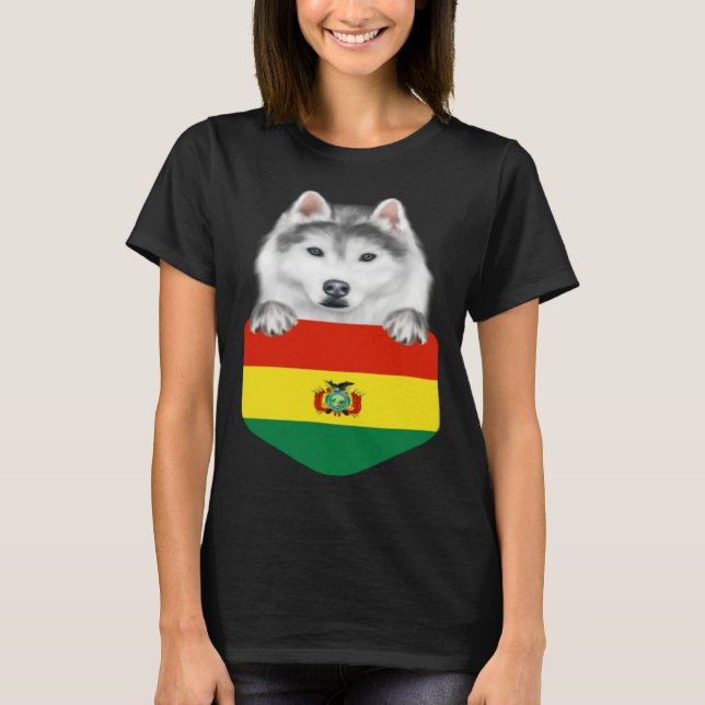 Camiseta Bolivia Flag Siberian Husky Dog In Pocket (Frente)
