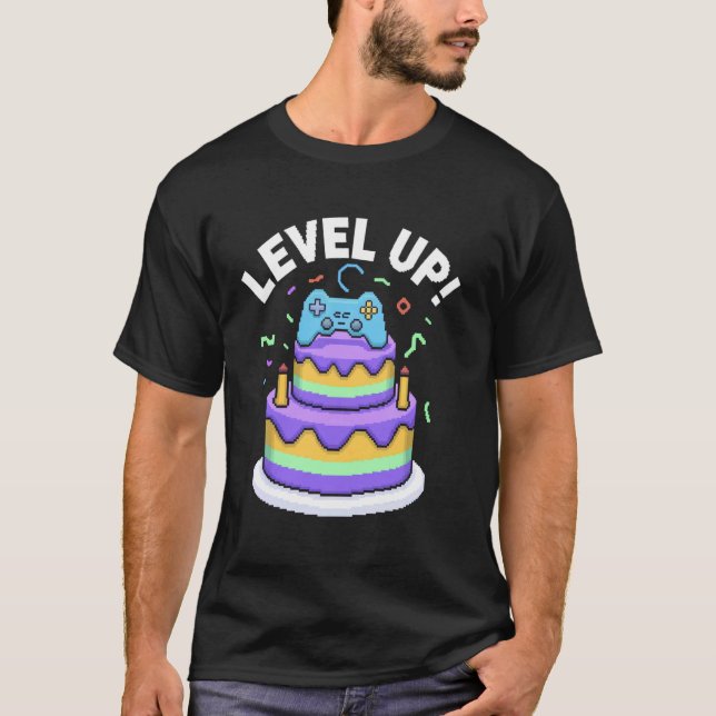 Camiseta Bolo de Aniversário Level Up! com Controle (Frente)