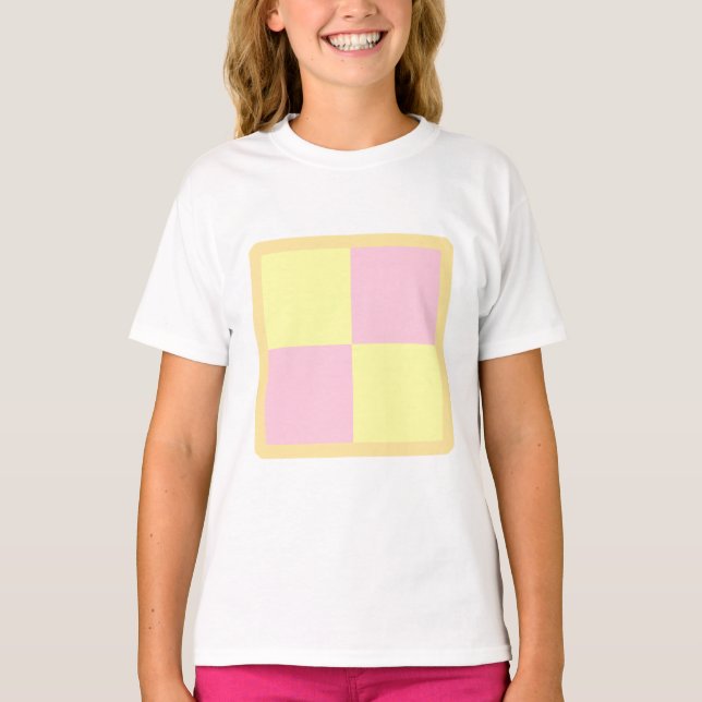 Camiseta Bolo de Battenburg. Rosa e Amarelo. (Frente)