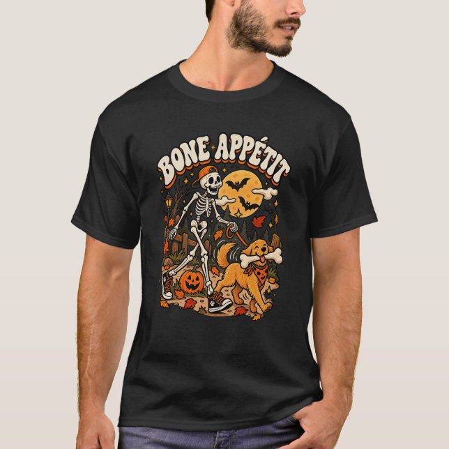 Camiseta Bom Apetite Esqueleto Engraçado Cachorro Design de (Frente)